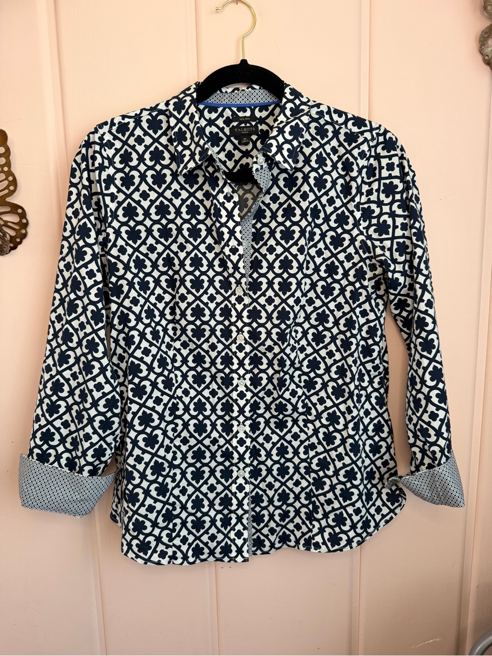 Talbots Navy and White Geometric-Print Men's Button-Down Shirt sz8p